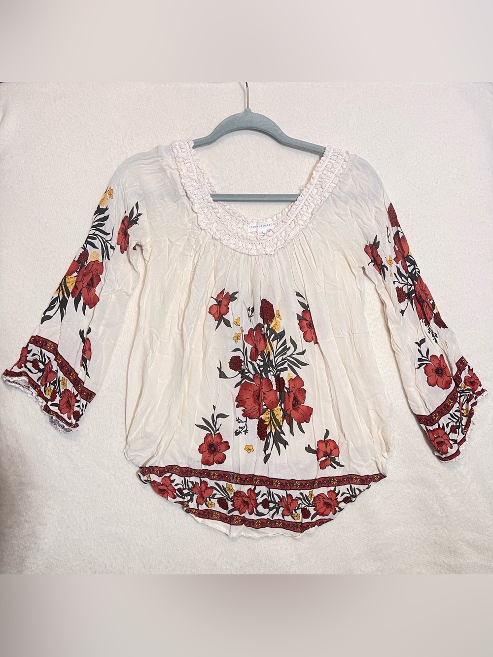 Coco + Jaimeson Cream Peasant Tunic with Red Floral Print